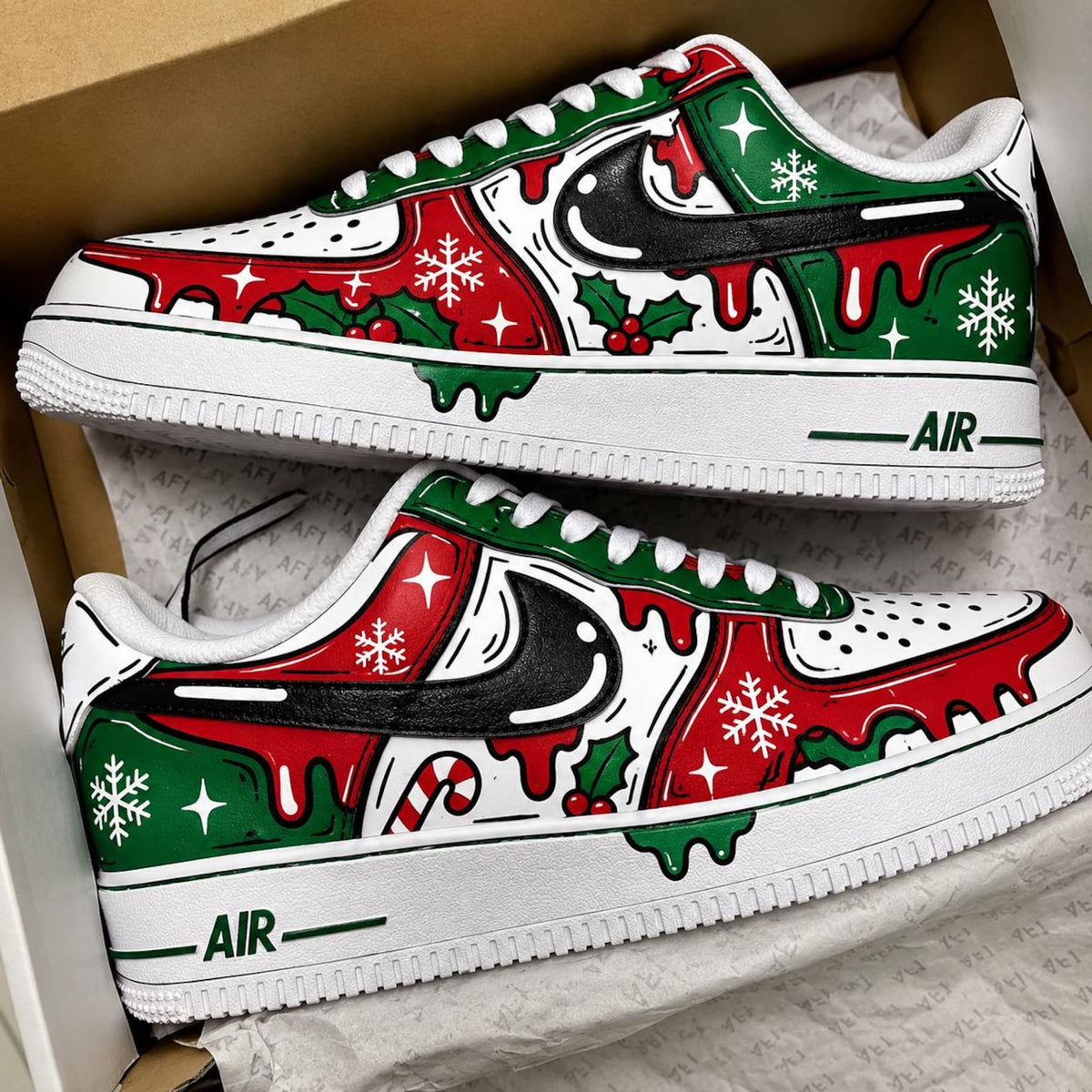 Festive Custom Shoes, Hand Painted Christmas AF1, Holiday Streetwear Kicks