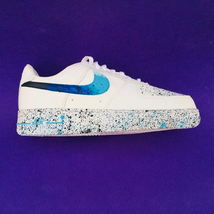 Custom Hand Painted Sneakers, Blue Teal Paint Splatter Design, Air Force 1 Style Shoes, Personalized Streetwear Gift for Him Her