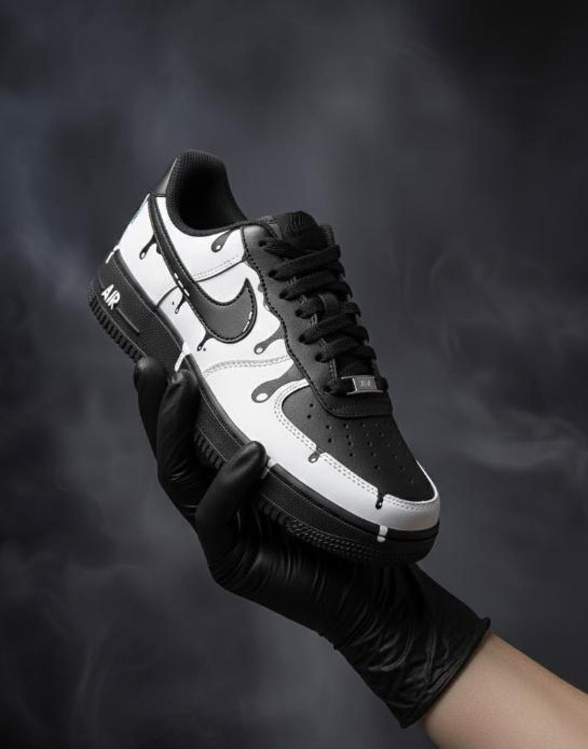 Custom Hand-Painted Black Drip Sneakers, Monochrome Cartoon Art, Matte Finish (Low Top)