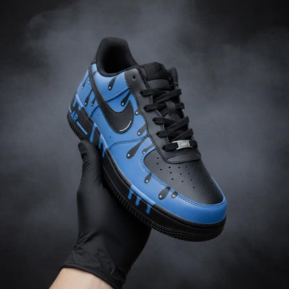 Custom Hand-Painted AF1 Sneakers, Blue Black Drip Art, Streetwear Gift