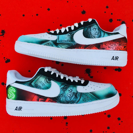 Custom Hand Painted AF1 Sneakers, Benjamin Franklin Money Shoes, 100 Dollar Bill Green Cash Art, Personalized Streetwear Gift Men Women