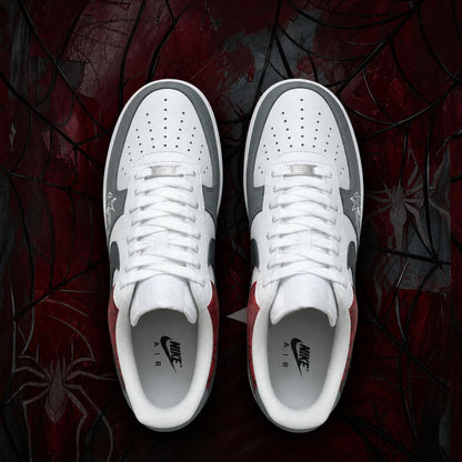 Custom Hand Painted AF1 Sneakers, Red Web Pattern Spider Emblem Shoes, Grey Superhero Comic Streetwear Art, Personalized Gift for Men Women
