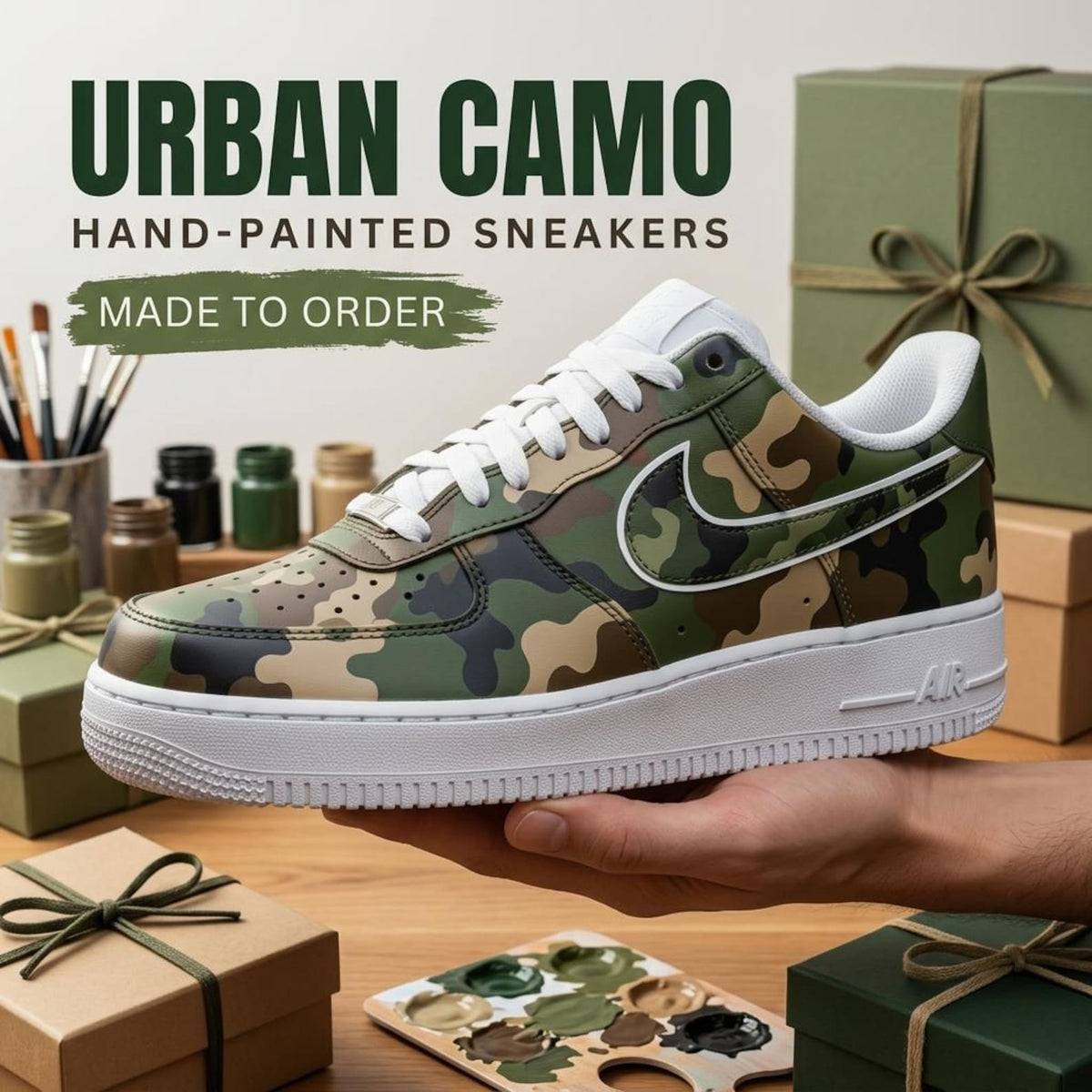 Camo Custom Sneakers, Hand Painted Shoes, Green Camouflage Design, Streetwear Footwear