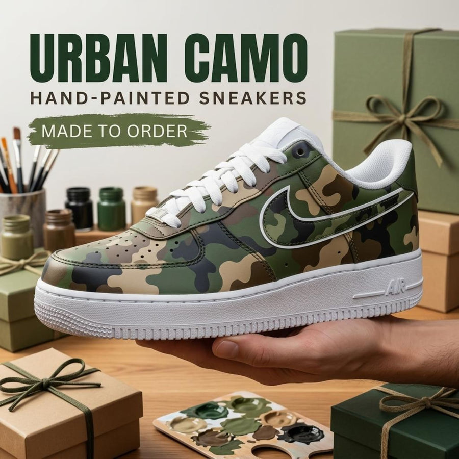 Camo Custom Sneakers, Hand Painted Shoes, Green Camouflage Design, Streetwear Footwear
