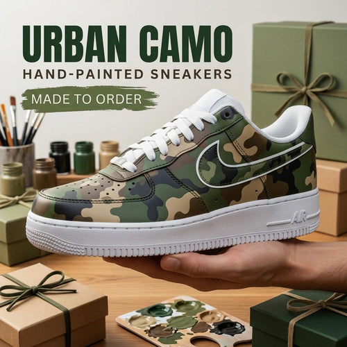 Camo Custom Sneakers, Hand Painted Shoes, Green Camouflage Design, Streetwear Footwear