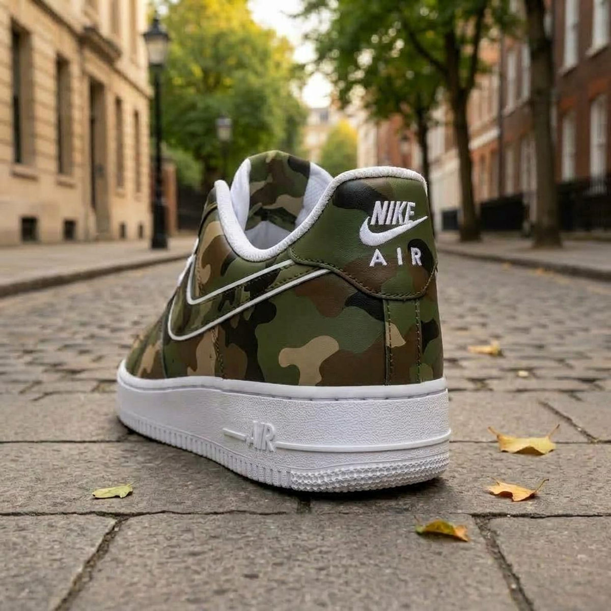 Camo Custom Sneakers, Hand Painted Shoes, Green Camouflage Design, Streetwear Footwear