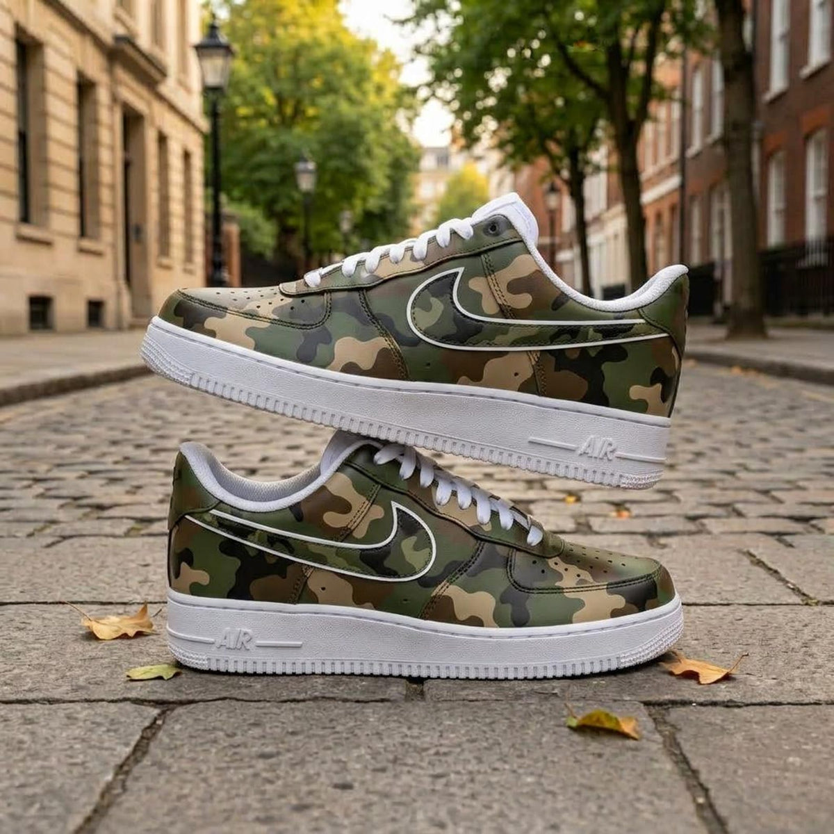 Camo Custom Sneakers, Hand Painted Shoes, Green Camouflage Design, Streetwear Footwear