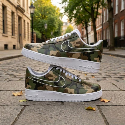 Camo Custom Sneakers, Hand Painted Shoes, Green Camouflage Design, Streetwear Footwear