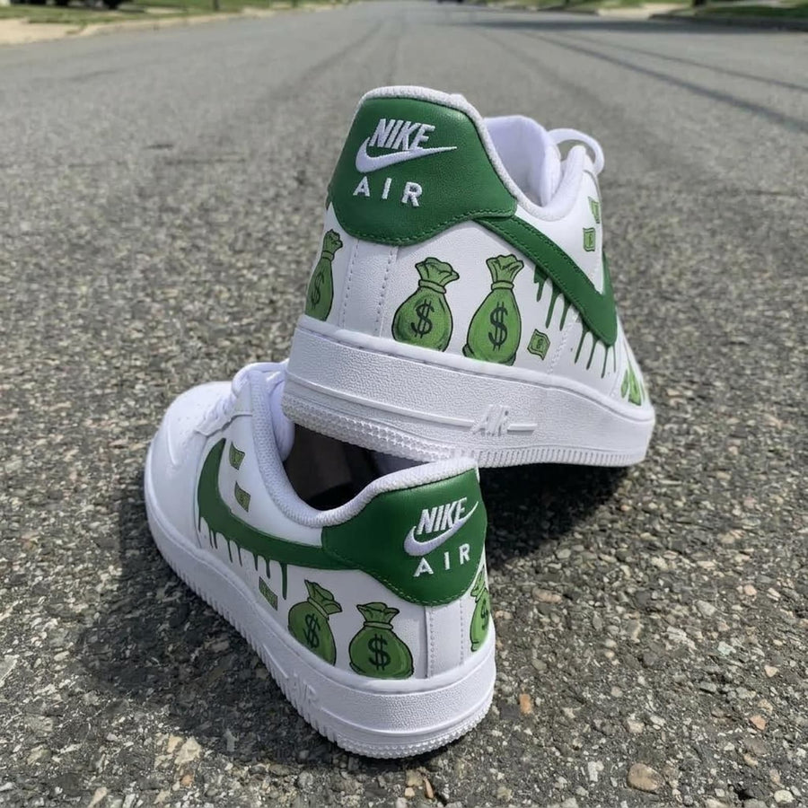 Money Drip Custom Sneakers, Hand Painted Shoes, Dollar Art, Green Streetwear, Unique Footwear