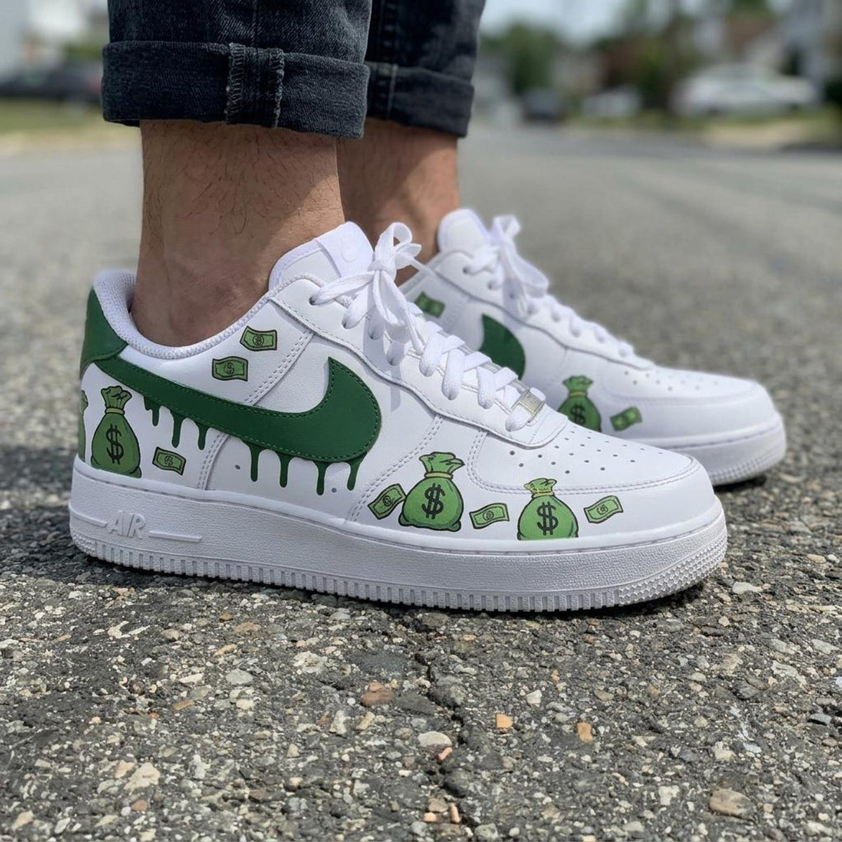 Money Drip Custom Sneakers, Hand Painted Shoes, Dollar Art, Green Streetwear, Unique Footwear Gift
