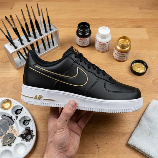 Custom Black Gold AF1, Hand Painted Luxury Sneakers, Custom Streetwear Shoes