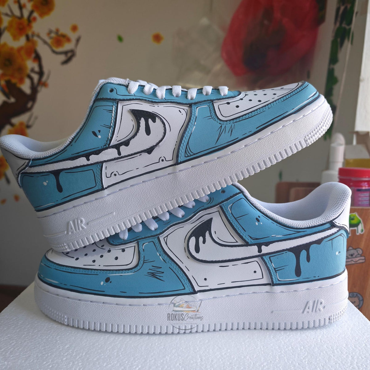 Custom Hand Painted Blue Comic AF1 Sneakers, Personalized Cartoon Drip Air Force 1 Shoes, Pop Art Streetwear Gift for Sneaker Lovers