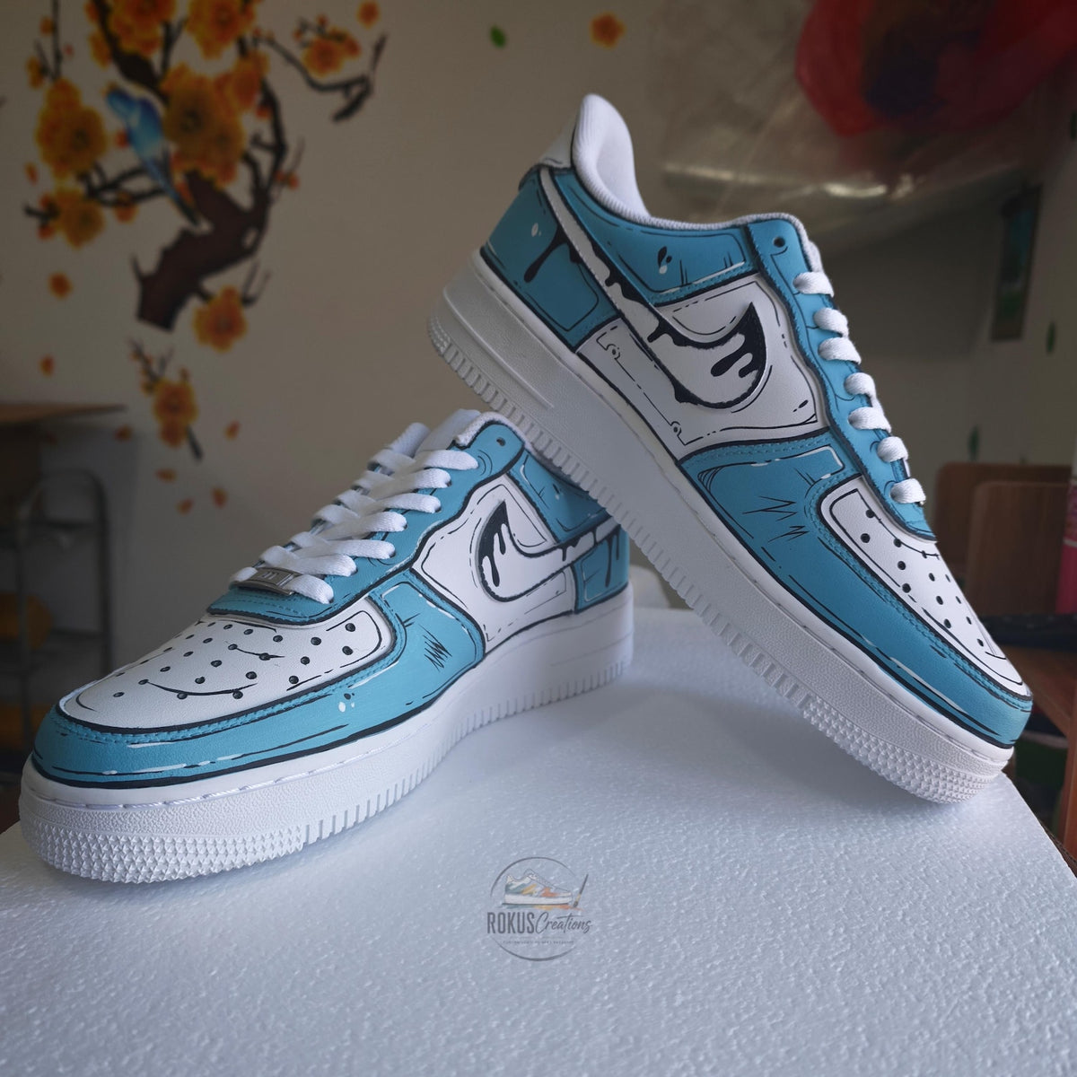 Custom Hand Painted Blue Comic AF1 Sneakers, Personalized Cartoon Drip Air Force 1 Shoes, Pop Art Streetwear Gift for Sneaker Lovers