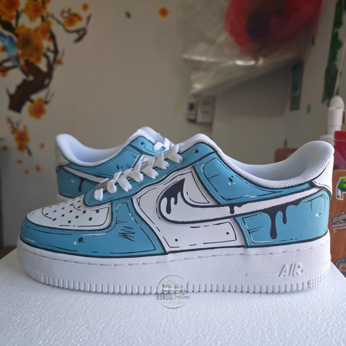 Custom Hand Painted Blue Comic AF1 Sneakers, Personalized Cartoon Drip Air Force 1 Shoes, Pop Art Streetwear Gift for Sneaker Lovers