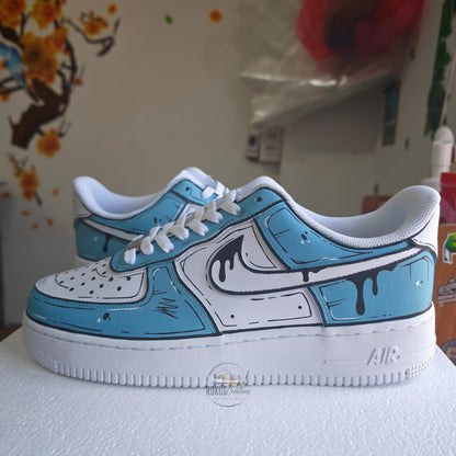 Custom Hand Painted Blue Comic AF1 Sneakers, Personalized Cartoon Drip Air Force 1 Shoes, Pop Art Streetwear Gift for Sneaker Lovers