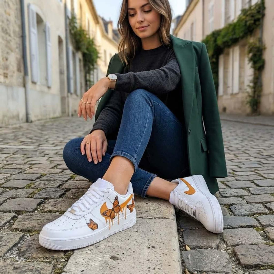 Butterfly Custom Sneakers, Hand Painted Shoes, Monarch Orange Drip, Artistic Footwear