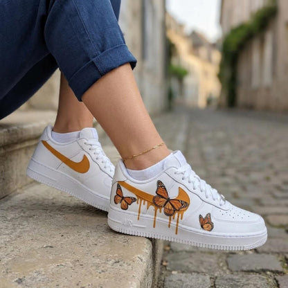 Butterfly Custom Sneakers, Hand Painted Shoes, Monarch Orange Drip, Artistic Footwear