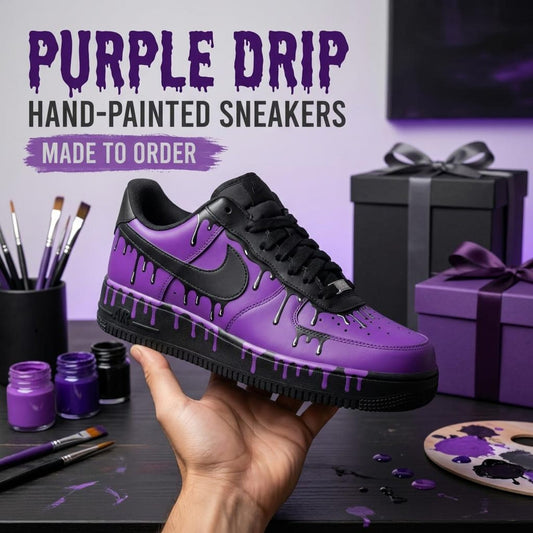 Purple Drip Custom Sneakers, Hand Painted Shoes, Black Streetwear Design, Unique Footwear Gift