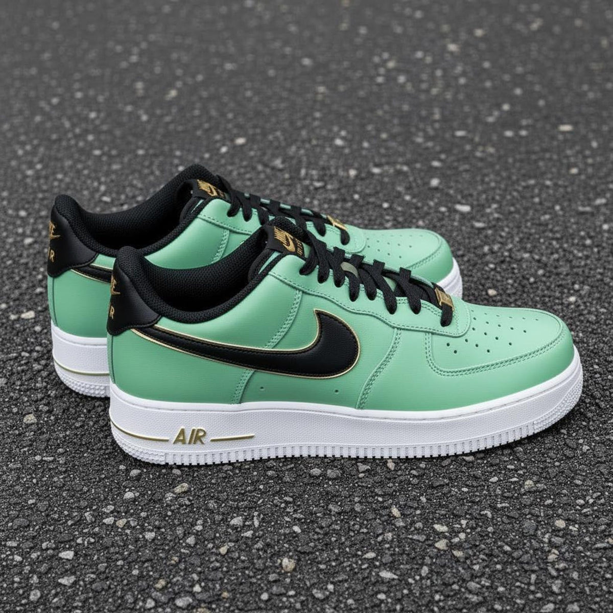 Custom Sage Green Sneakers, Hand Painted Luxury Streetwear Footwear, Black Swoosh
