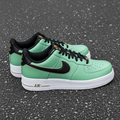 Custom Sage Green Sneakers, Hand Painted Luxury Streetwear Footwear, Black Swoosh
