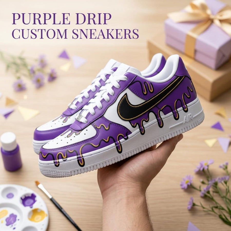 Custom Painted Shoes, Purple Drip AF1 Kicks, Handcrafted Streetwear