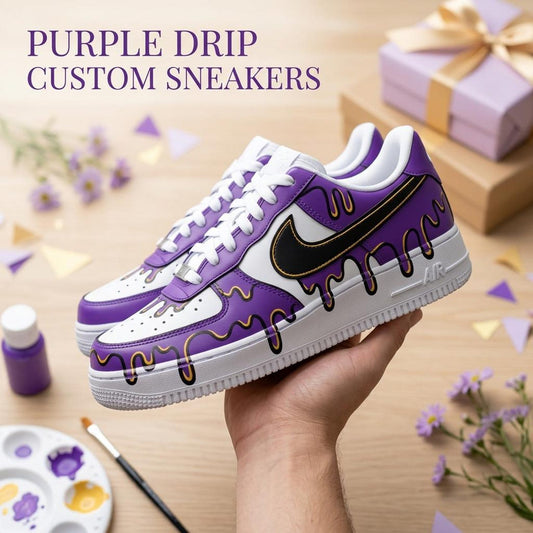 Custom Painted Shoes, Purple Drip AF1 Kicks, Handcrafted Streetwear