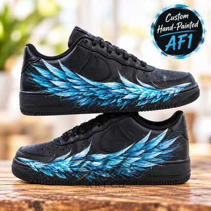 Blue Angel Wing Custom Air Force One Sneakers, Personalized Hand Painted AF1 Black Shoes, Streetwear Art Shoes