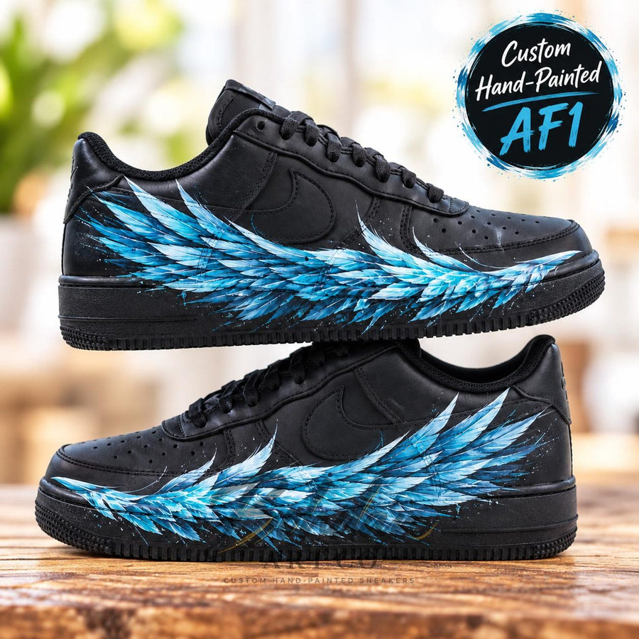 Blue Angel Wing Custom Air Force One Sneakers, Personalized Hand Painted AF1 Black Shoes, Streetwear Art Shoes