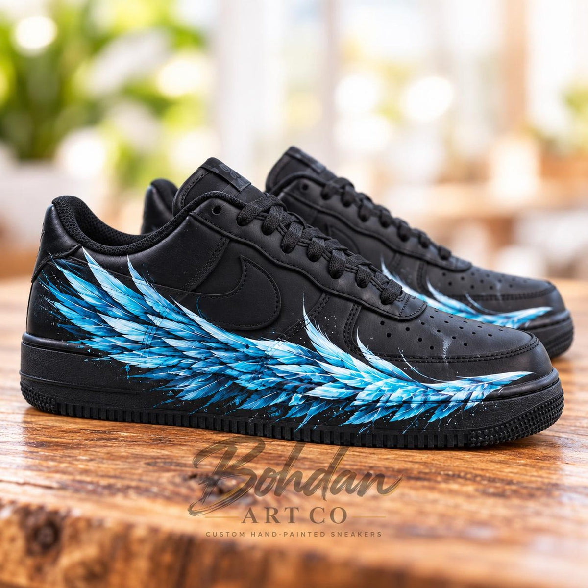 Blue Angel Wing Custom Air Force One Sneakers, Personalized Hand Painted AF1 Black Shoes, Streetwear Art Shoes
