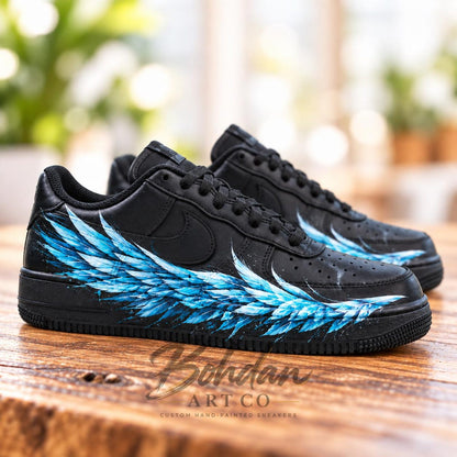 Blue Angel Wing Custom Air Force One Sneakers, Personalized Hand Painted AF1 Black Shoes, Streetwear Art Shoes