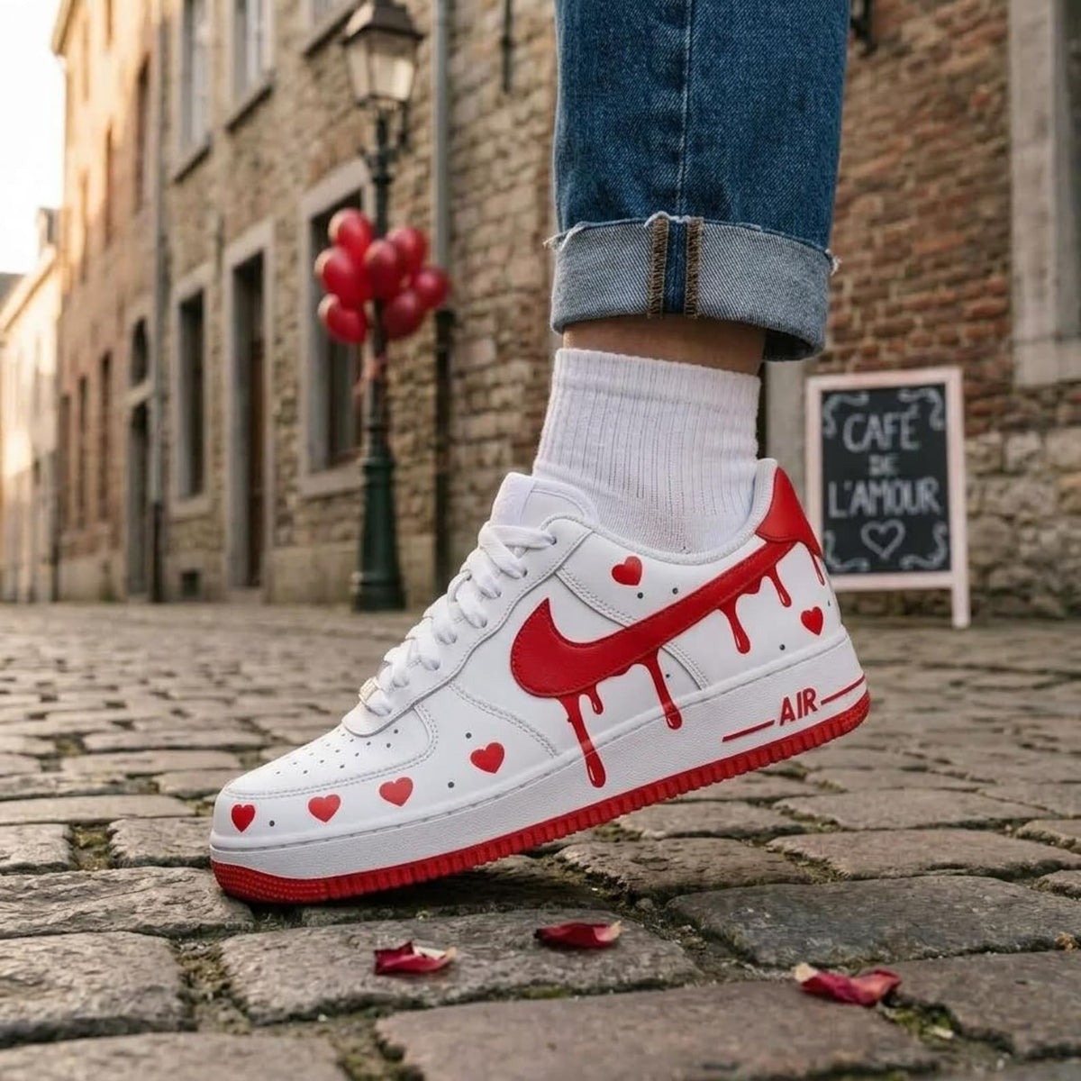 Valentine Custom Sneakers, Hand Painted Shoes, Red Heart Drip, Romantic Footwear Gift for Her