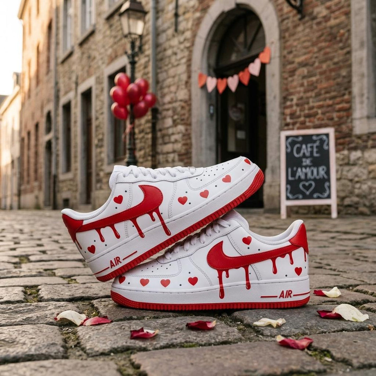Valentine Custom Sneakers, Hand Painted Shoes, Red Heart Drip, Romantic Footwear Gift for Her
