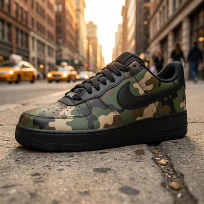 Camo Custom Sneakers, Hand Painted Shoes, Green Black Military Design, Urban Streetwear Gift
