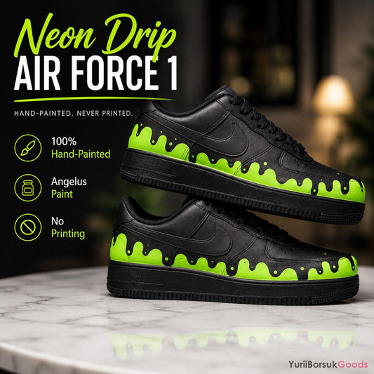 Hand-Painted Neon Green Drip Air Force 1 Sneakers, Custom Streetwear Gift
