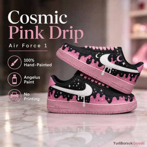 Hand-Painted Cosmic Pink Drip Air Force 1 Sneakers, Celestial Moon Star Kicks