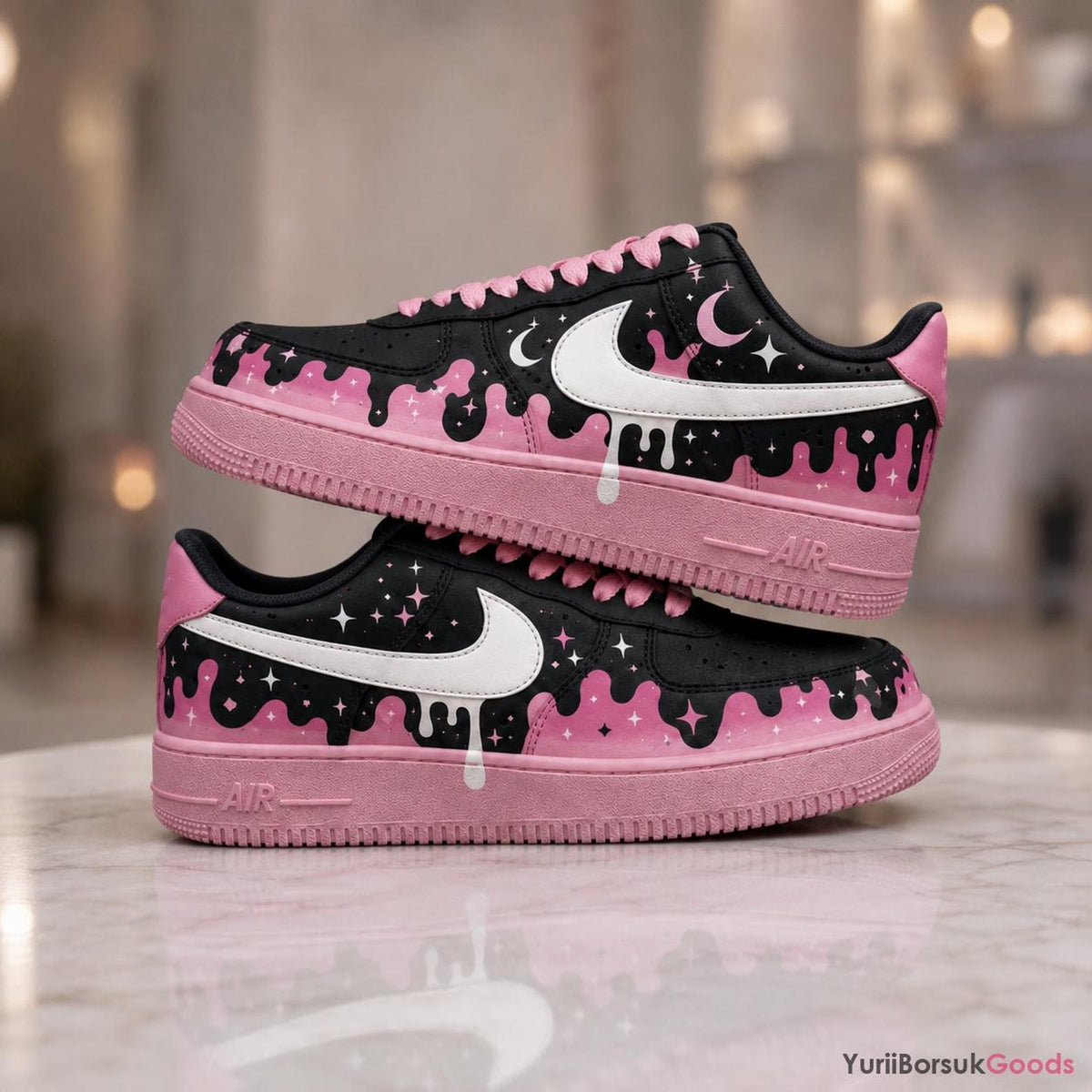 Hand-Painted Cosmic Pink Drip Air Force 1 Sneakers, Celestial Moon Star Kicks