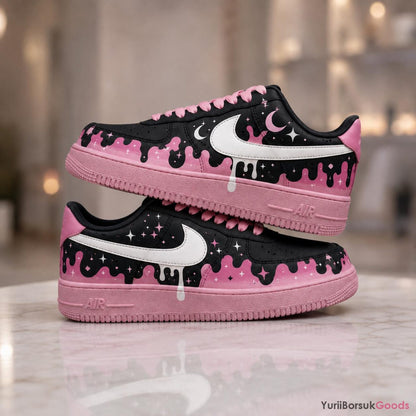 Hand-Painted Cosmic Pink Drip Air Force 1 Sneakers, Celestial Moon Star Kicks