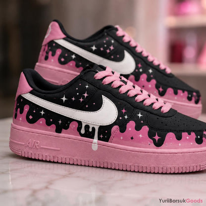 Hand-Painted Cosmic Pink Drip Air Force 1 Sneakers, Celestial Moon Star Kicks