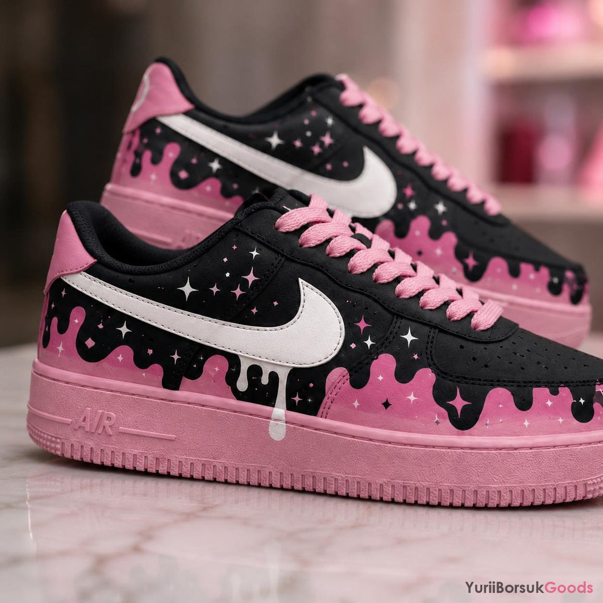 Hand-Painted Cosmic Pink Drip Air Force 1 Sneakers, Celestial Moon Star Kicks