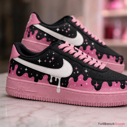 Hand-Painted Cosmic Pink Drip Air Force 1 Sneakers, Celestial Moon Star Kicks