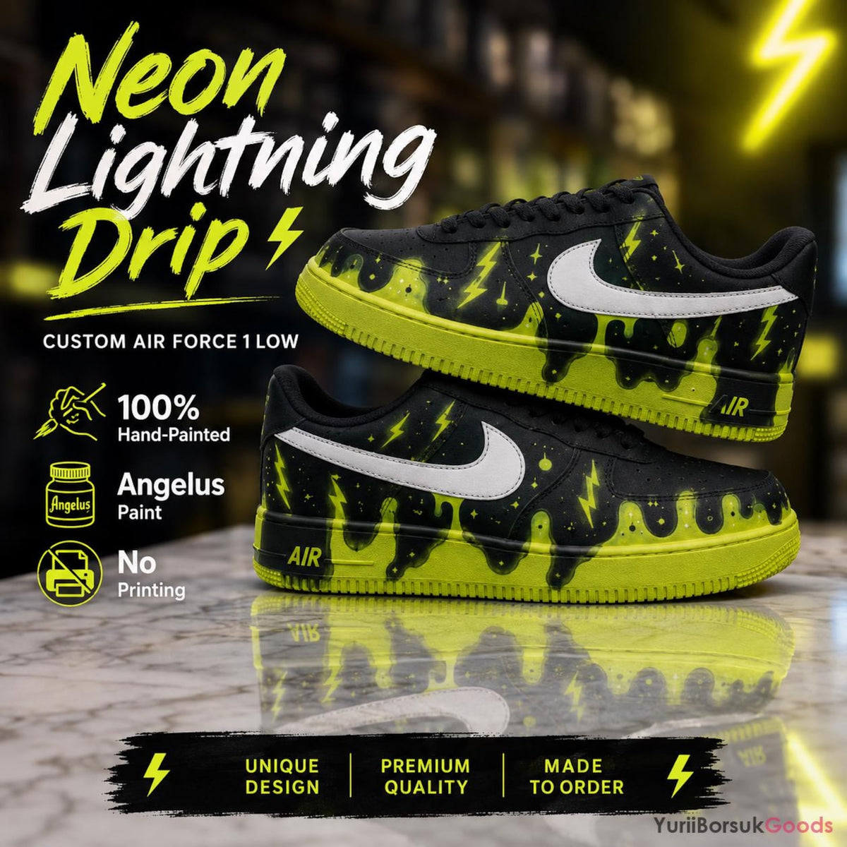Hand-Painted Neon Lightning Drip Air Force 1 Low Sneakers, Custom Streetwear Kicks