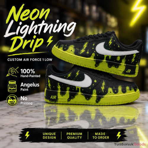 Hand-Painted Neon Lightning Drip Air Force 1 Low Sneakers, Custom Streetwear Kicks