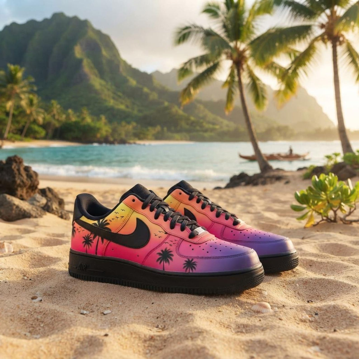 Gradient Sunset Custom AF1, Hand Painted Palm Tree Sneakers, Summer Shoes