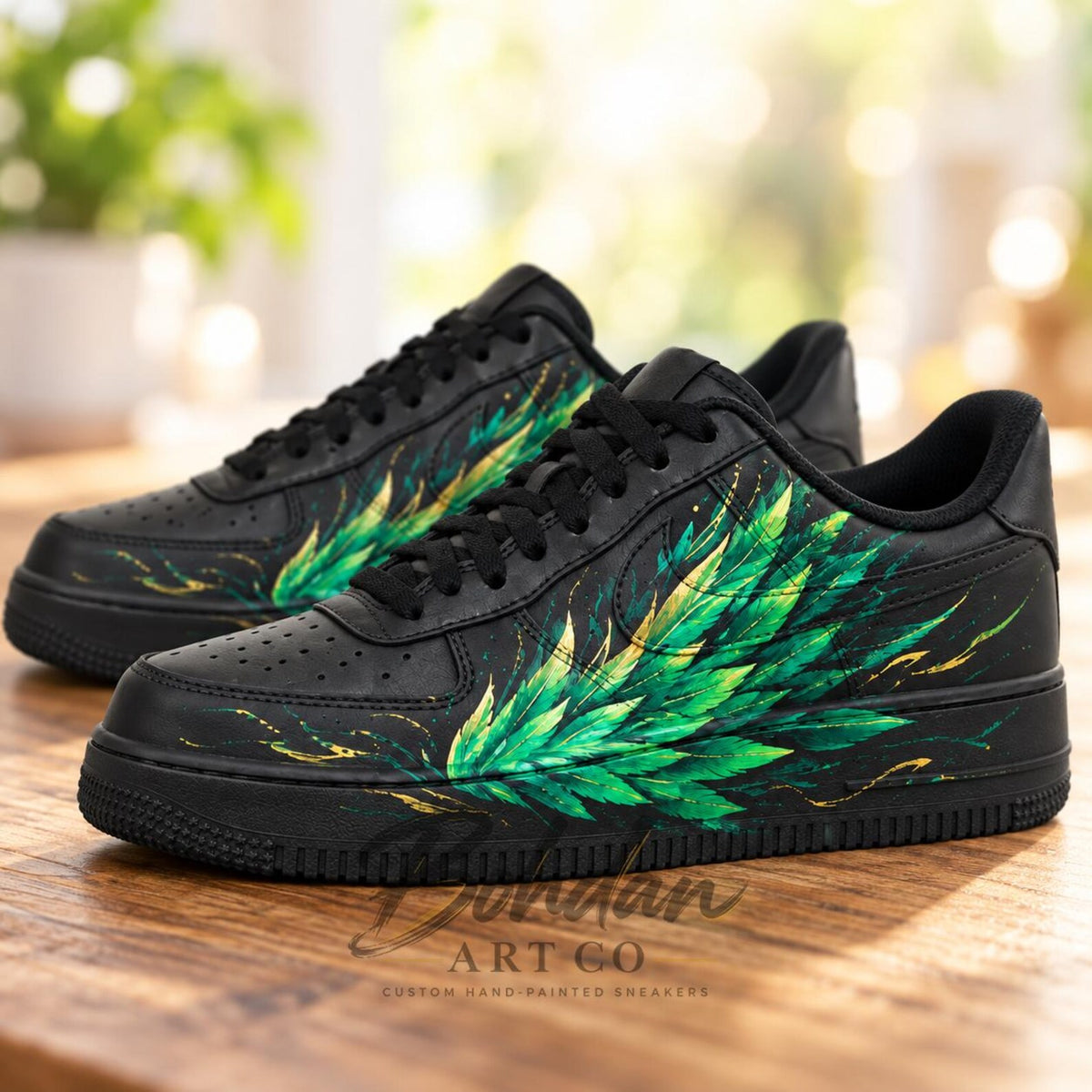 Custom Hand Painted AF1 Shoes, Green Feather Wing Sneakers, Black Gold Custom Sneakers, Personalized Gift for Him or Her
