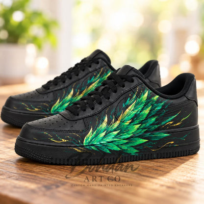 Custom Hand Painted AF1 Shoes, Green Feather Wing Sneakers, Black Gold Custom Sneakers, Personalized Gift for Him or Her