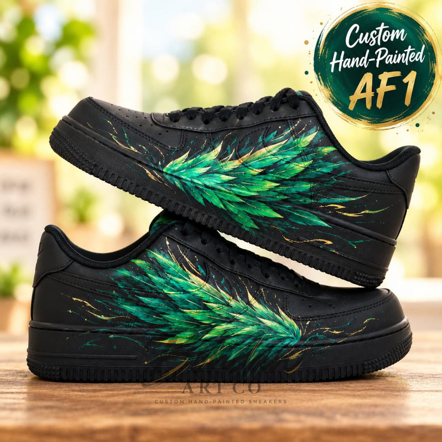 Custom Hand Painted AF1 Shoes, Green Feather Wing Sneakers, Black Gold Custom Sneakers, Personalized Gift for Him or Her
