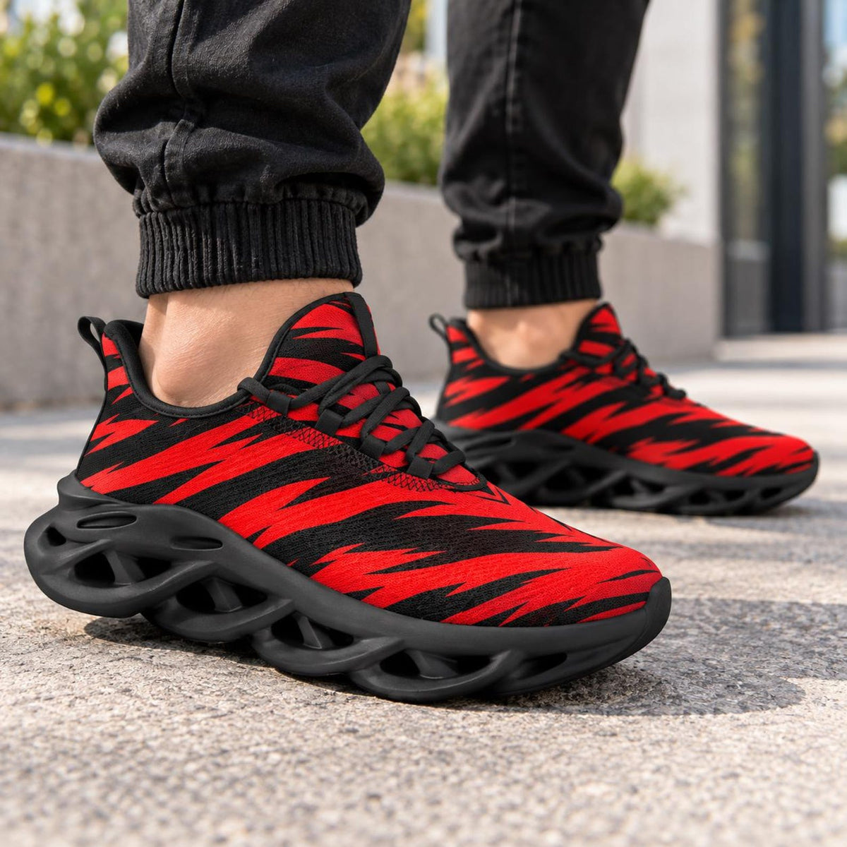 Red Black Tiger Stripe Sneakers, School Spirit Shoes, Team Color Athletic Shoes, Game Day Sneakers, Red Black Sports Fan Shoes