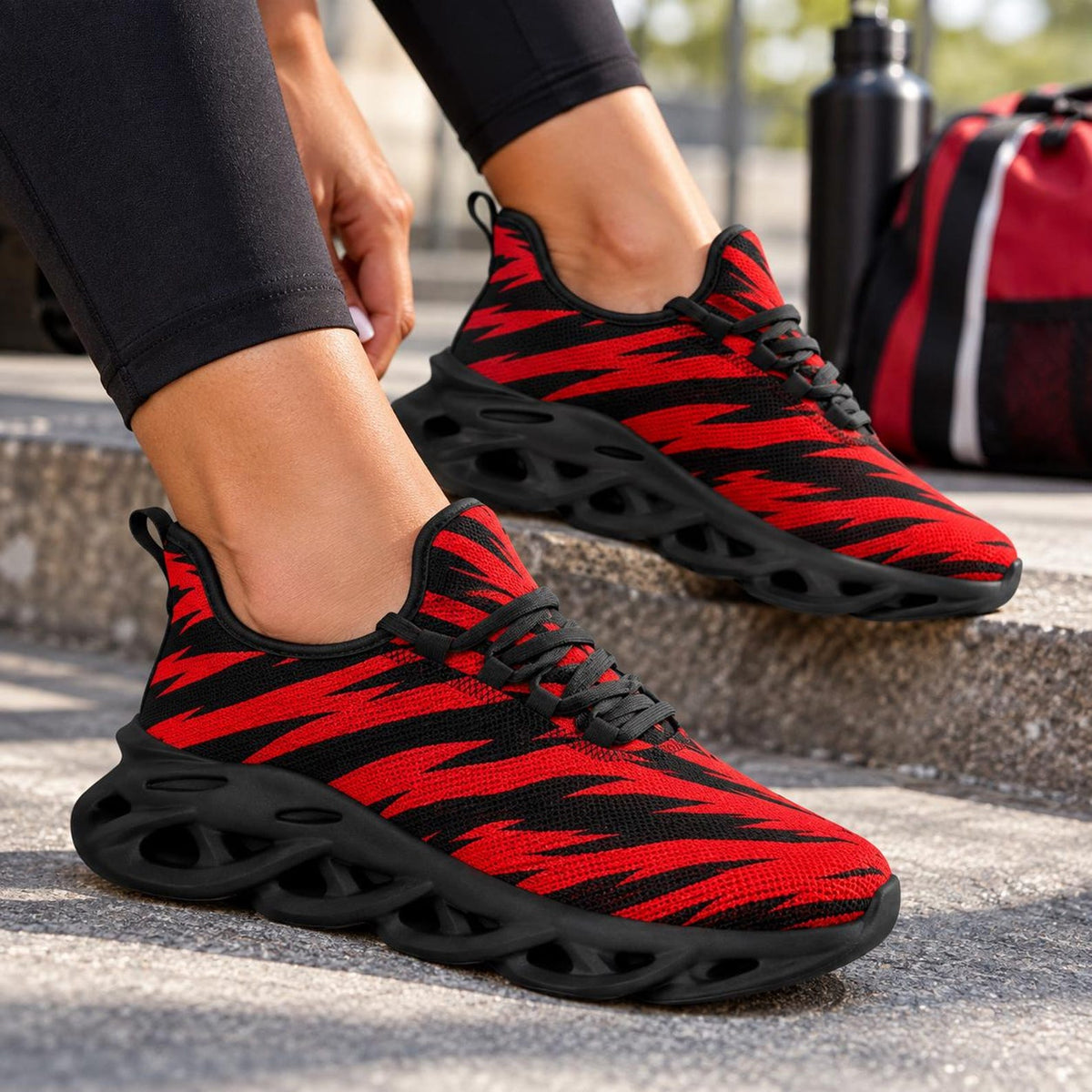 Red Black Tiger Stripe Sneakers, School Spirit Shoes, Team Color Athletic Shoes, Game Day Sneakers, Red Black Sports Fan Shoes