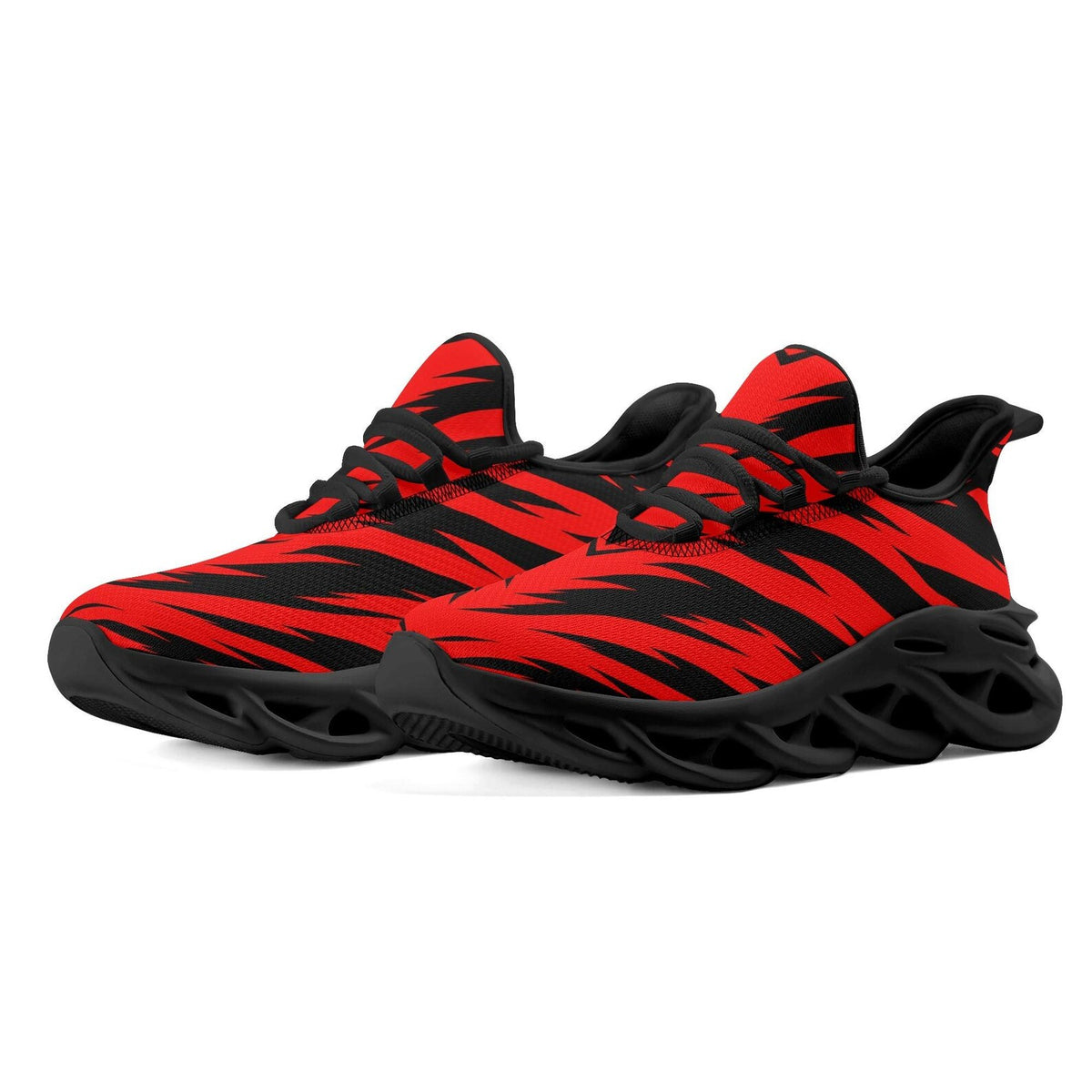 Red Black Tiger Stripe Sneakers, School Spirit Shoes, Team Color Athletic Shoes, Game Day Sneakers, Red Black Sports Fan Shoes
