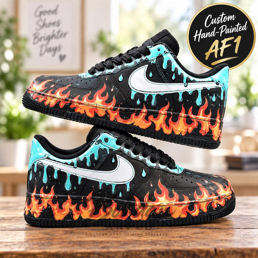 Custom Hand Painted AF1 Shoes, Fire and Ice Drip Sneakers, Black Flame Streetwear Shoes, Personalized Gift for Him or Her